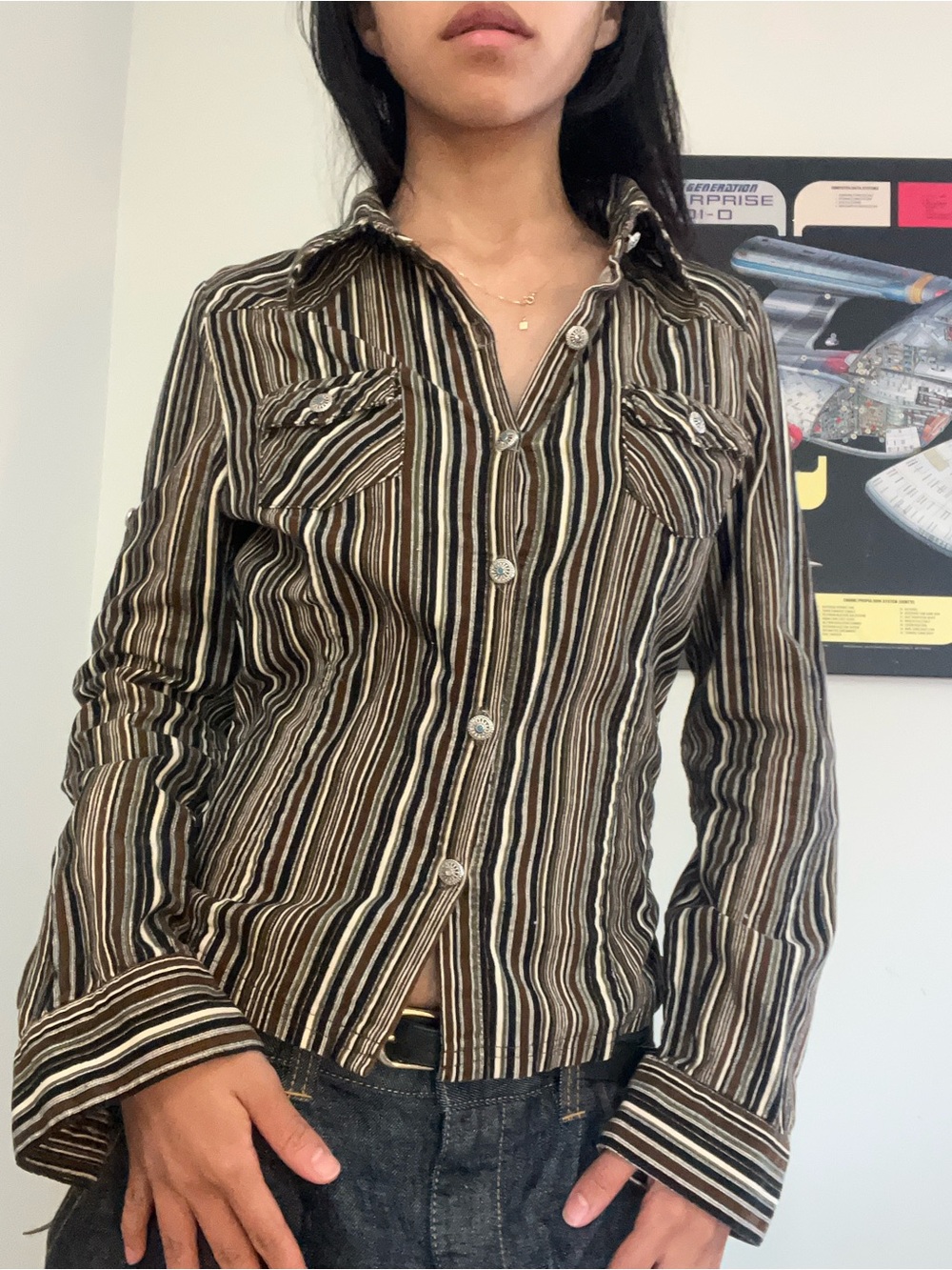 Striped Button-Up Shirt in Brown, Cream & Black